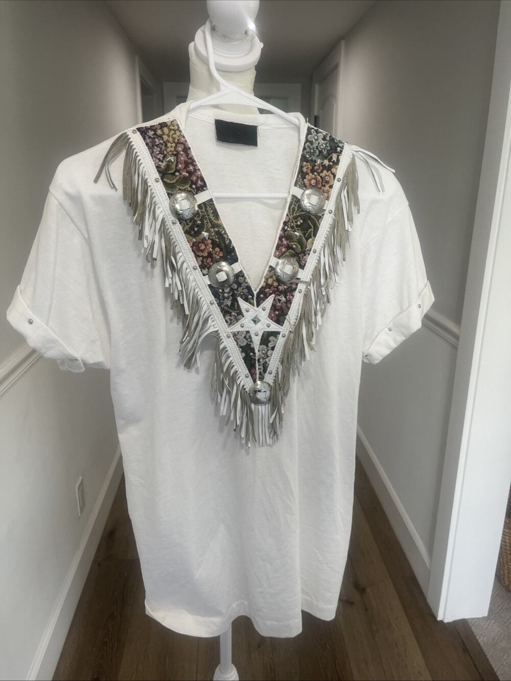 Vtg Women Western Fringe T Shirt Tapestry Leather Star White Cowgirl New Mexico
